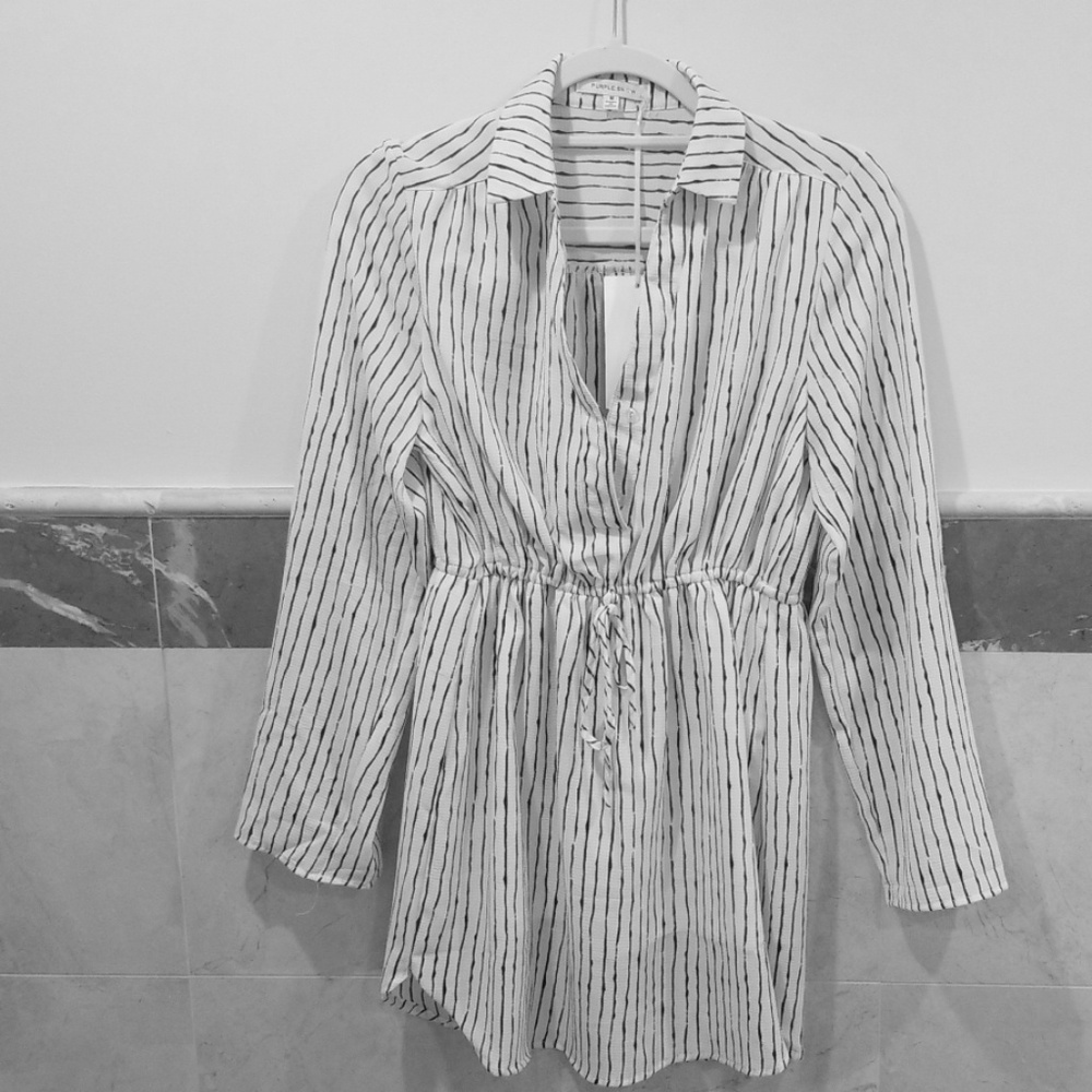 Striped Long Shirt. 2 Button w/ Roll Up Sleeves